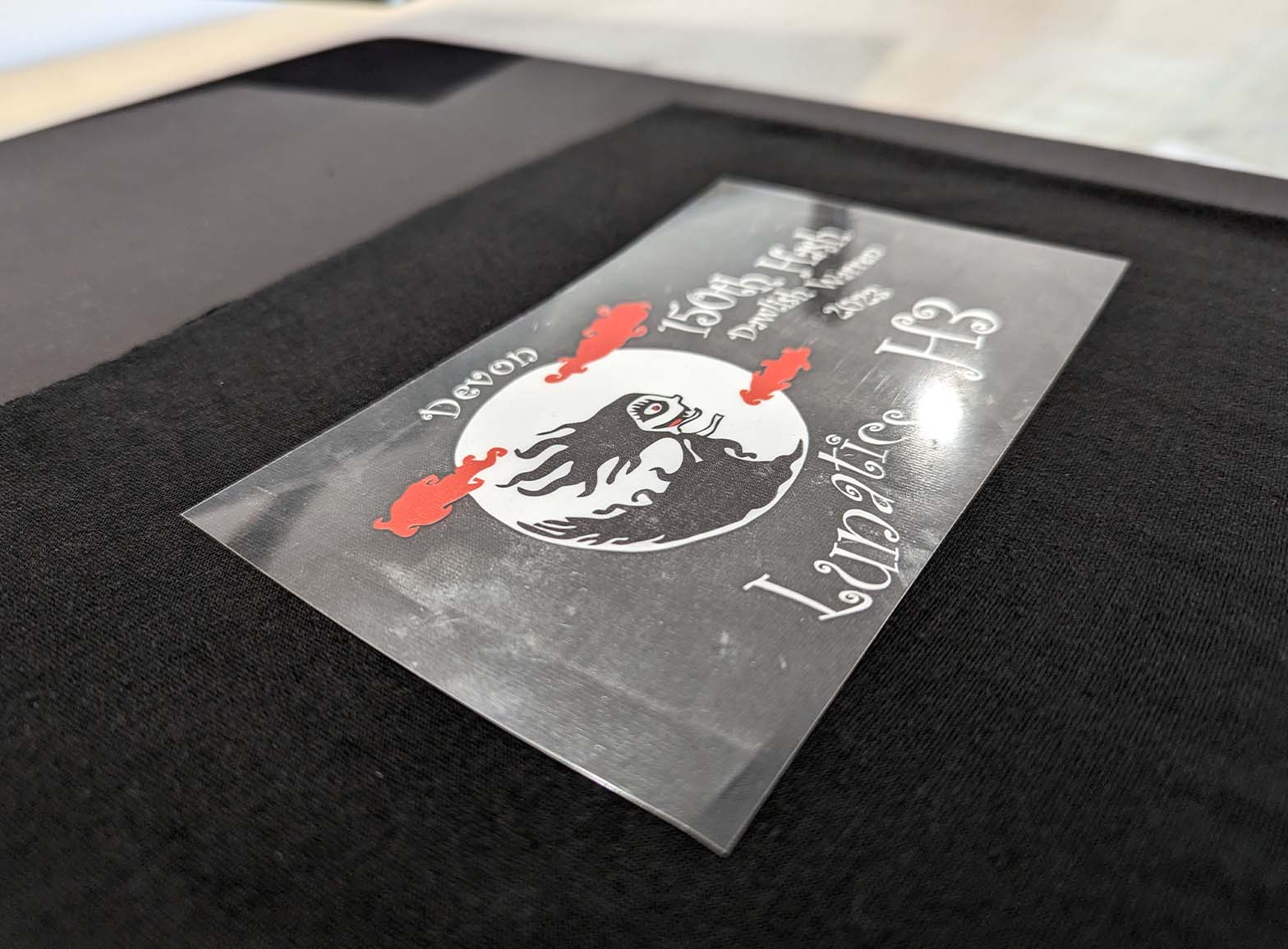 A photograph of the printing process for a job for the Devon Lunatics, by Clothing Your Way in South Devon.